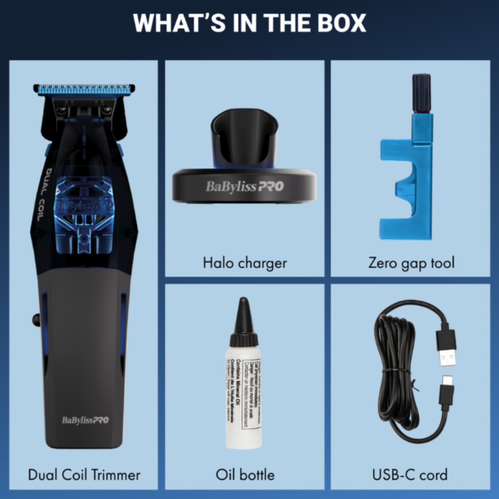 List of items included in a BaByliss Pro  Dual Coil hair styling kit on a blue background