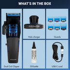 List of items included in a BaByliss Pro Dual Coil hair styling kit on a blue background
