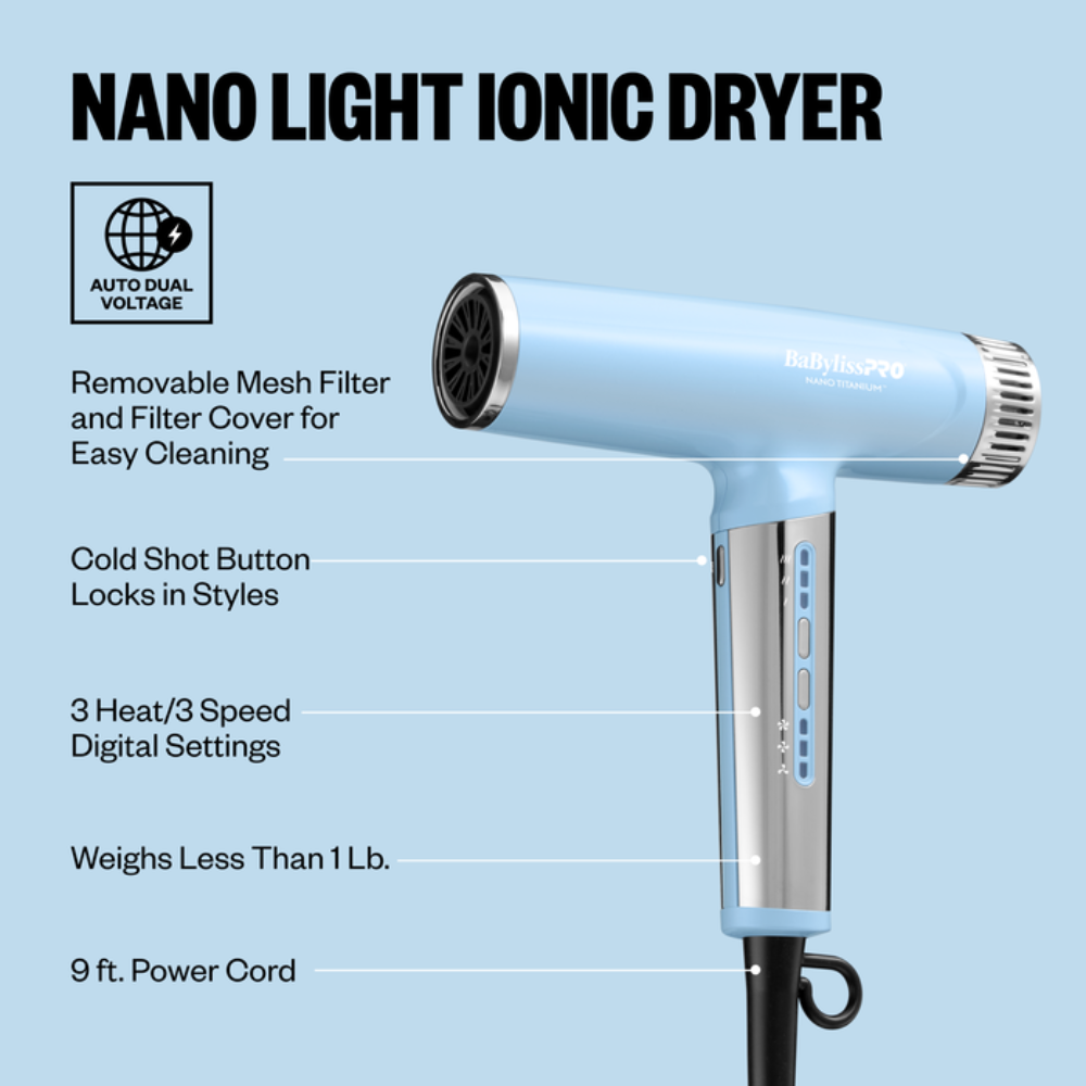 BaBylissPRO Nano Titanium Limited Edition Nano Light Ionic Dryer Iced Blue | BNTC9200LB