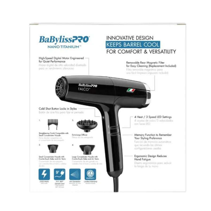 BaBylissPRO Nano Titanium Professional Italian High-Speed Falco Dryer | Black | BNT8550B