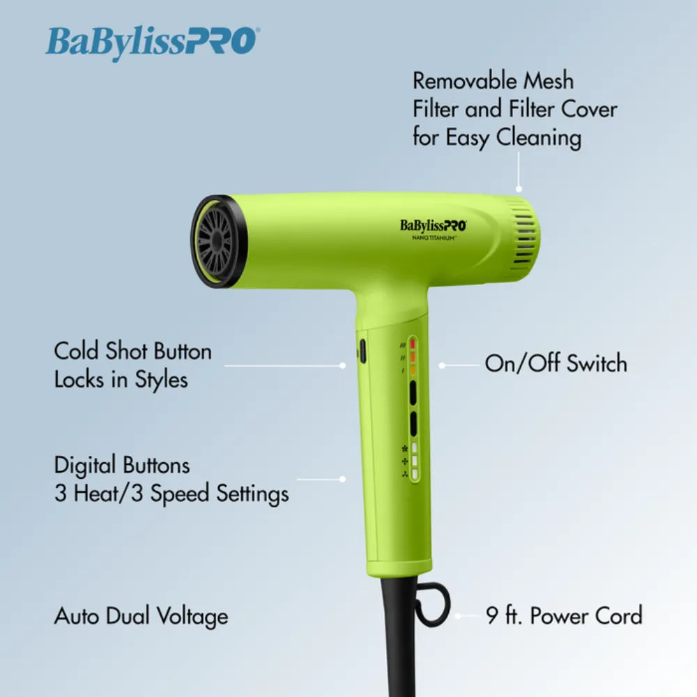 BABYLISSPRO NANO TITANIUM LIGHT IONIC HIGH-SPEED DRYER NEON YELLOW | BNTC9200NY
