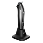 Andis Slimline Pro II Trimmer standing on its charging base, showcasing its sleek design and features.