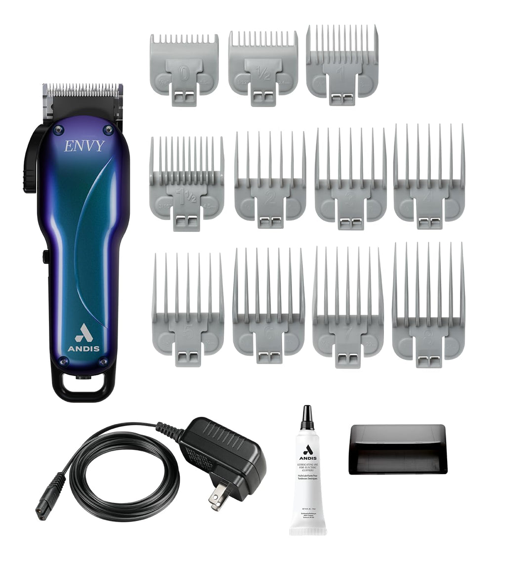 Andis Envy hair clipper set with multiple attachments on a white background