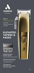 Gold ANDIS Envy II Premier Edition clipper on a dark background with product features listed.
