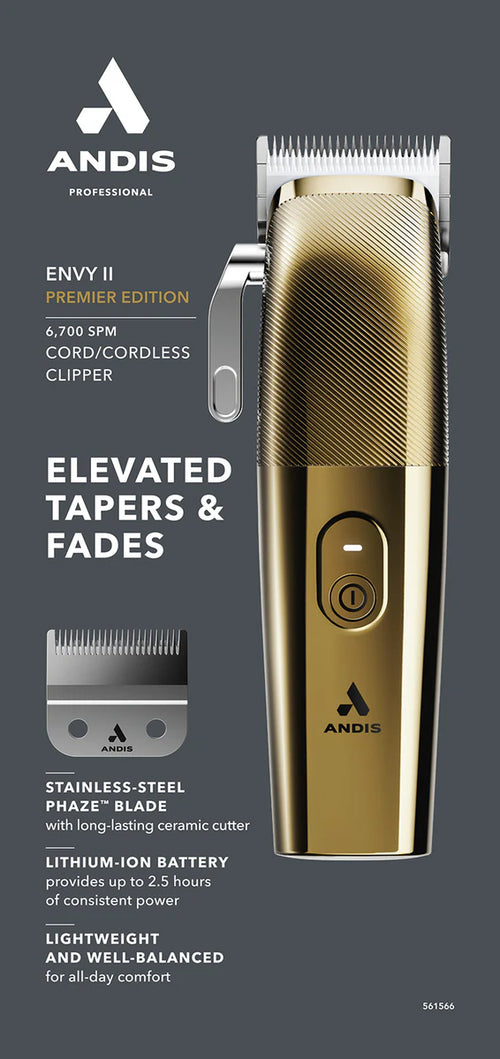 Gold ANDIS Envy II Premier Edition clipper on a dark background with product features listed.