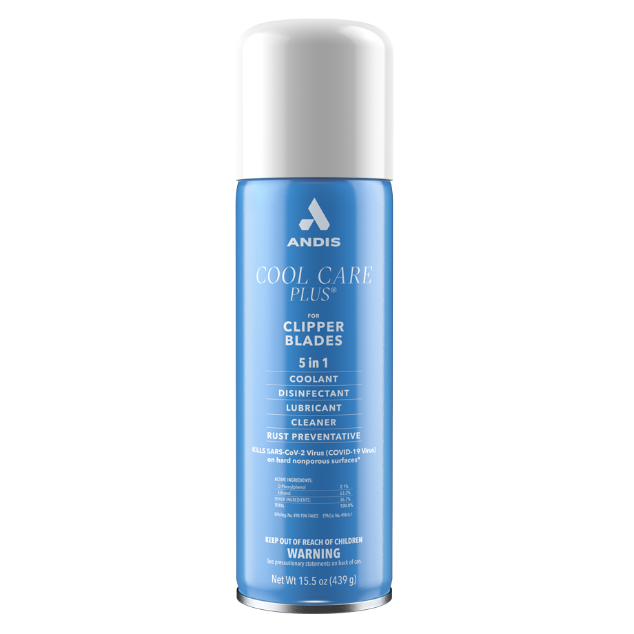 Andis Cool Care Plus clipper blades spray bottle on a white background