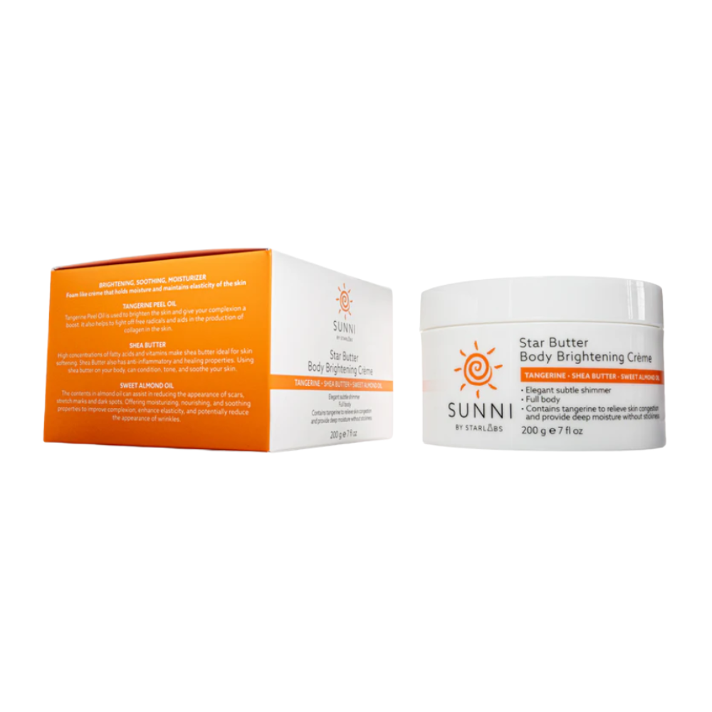 Sunni by Sunni Star Butter Body Brightening Cream shown with its white and orange product box and a white plastic jar with a white lid on a plain white background.