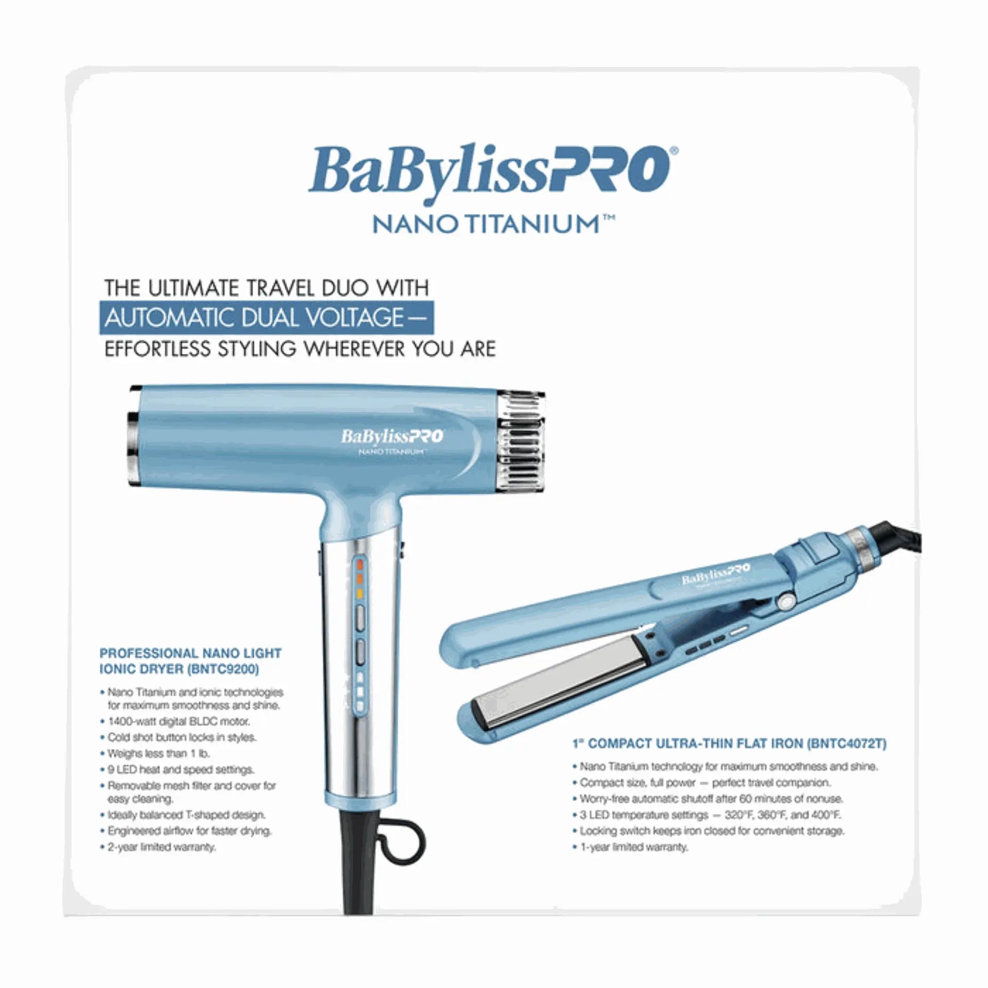 BABYLISS NANO TITANIUM LIMITED EDITION NANO LIGHT DRYER & 1" ULTRA-THIN FLAT IRON | BNTPP79