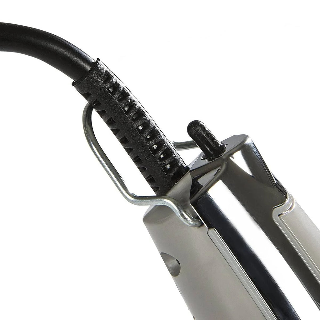 Close-up of a hair straightener with a black cord on a white background