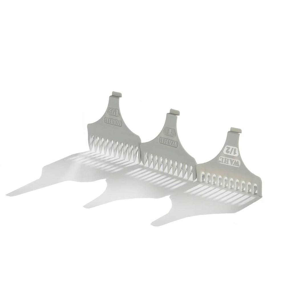 Set of three white hair combs with brand name on a white background