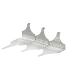 Set of three white hair combs with brand name on a white background