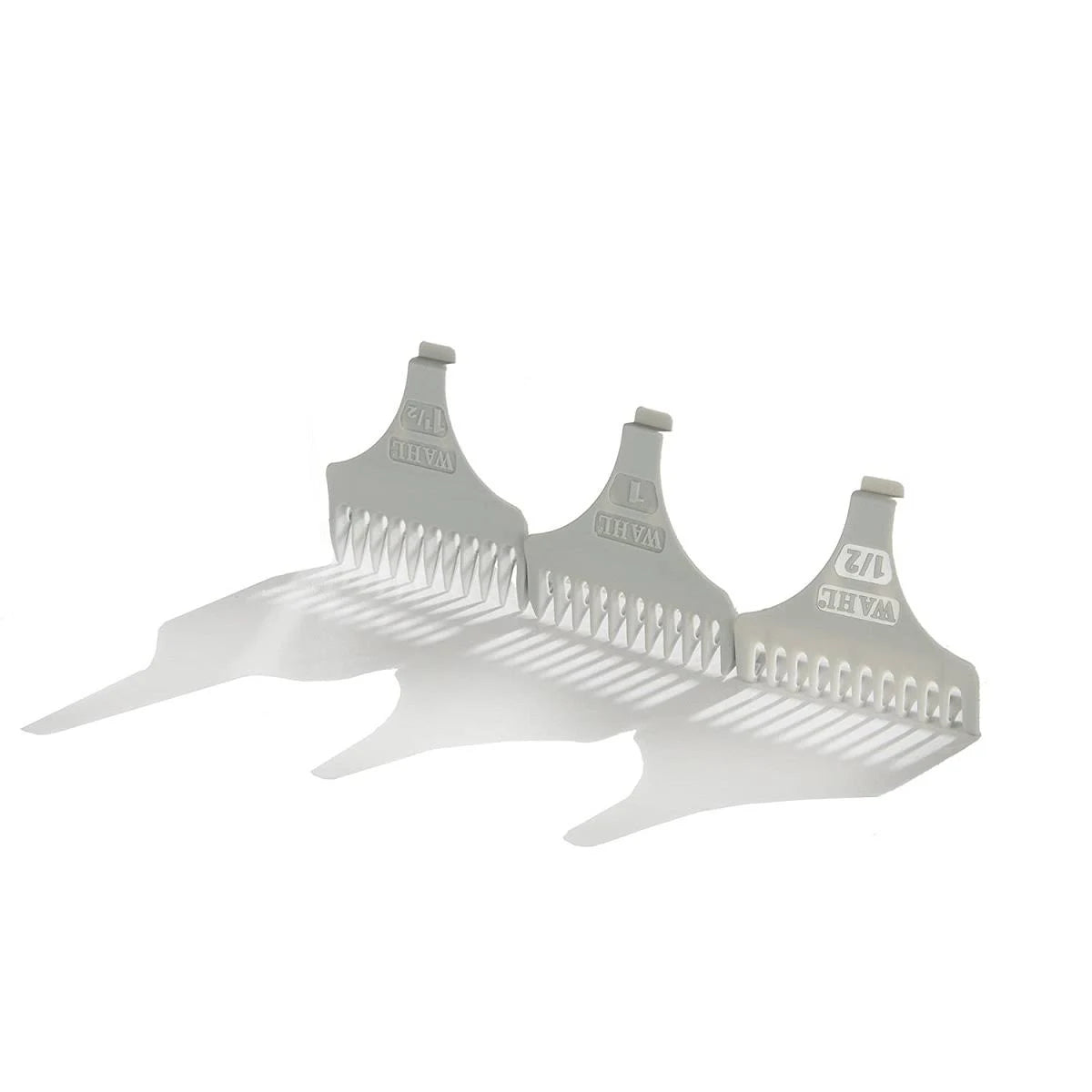 Set of three white hair combs with brand name on a white background