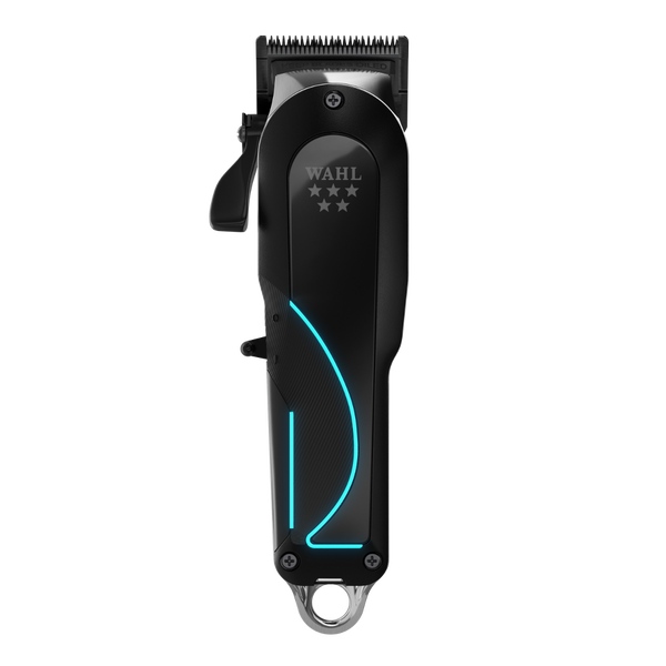 Wahl 5-Star Senior 2.0 cordless clipper in black with illuminated blue accent and adjustable fade blade